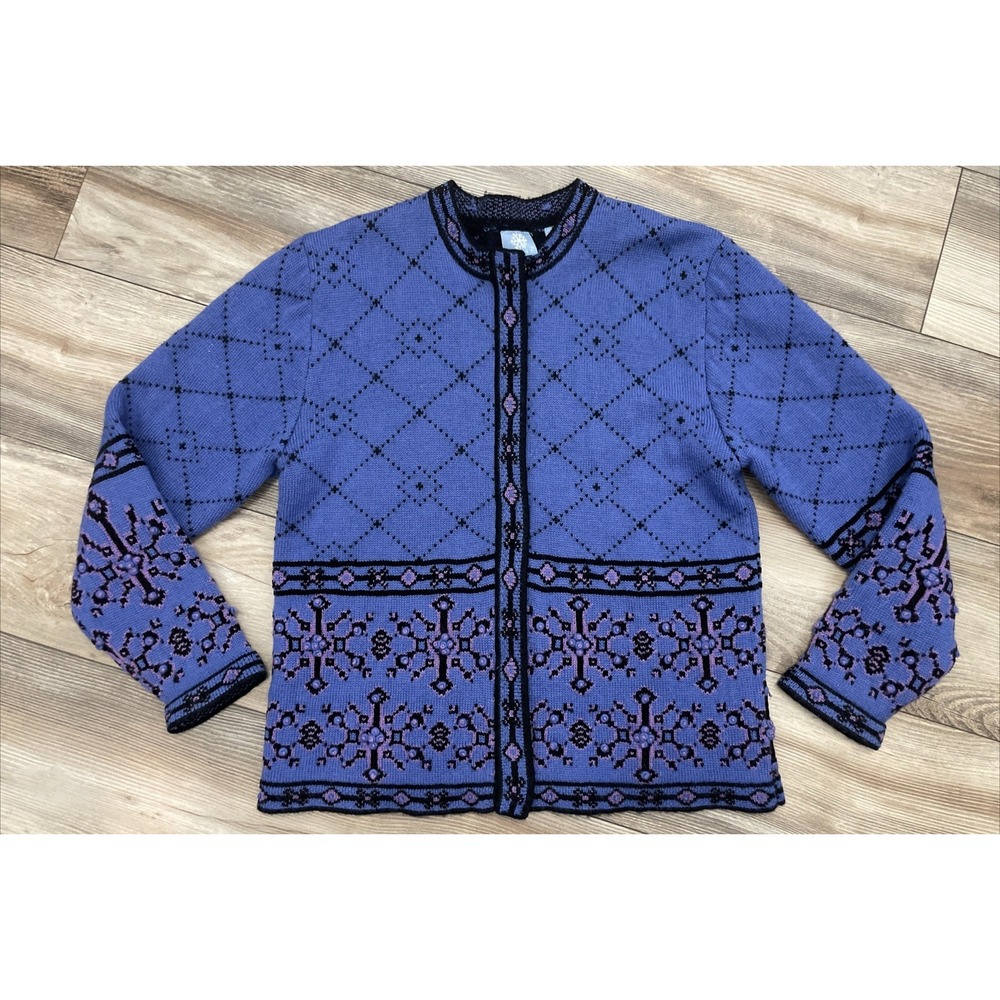 FROST WOMENS FULL ZIP SWEATER 100%‎ WOOL SNOW FLAKE PURPLE SIZE M